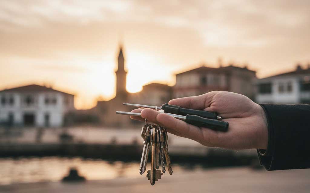 Gelenek Kilit Karamürsel çilingir uzmanının eli, Karamürsel İskelesi manzarası eşliğinde anahtar ve kilit açma ekipmanlarını tutarken, hızlı ve güvenilir hizmeti simgeliyor.